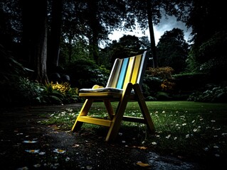 Yellow and teal wooden folding chair in lush garden with grass and white flowers
