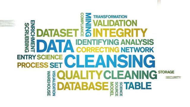 Data Cleansing animated word cloud;text design animation tag kinetic typography seamless loop.