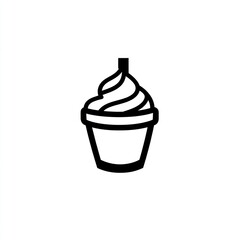 Simple black and white dessert icon, depicting a cup-cake with frozen yogurt.  Ideal for food menu illustration or design element