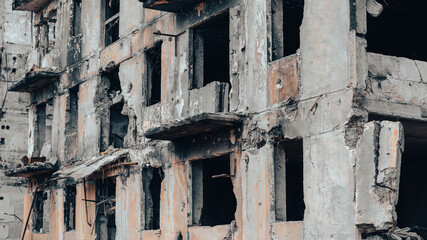 ruined street and destroyed houses in Ukraine