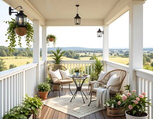 Charming Balcony with Wicker Chairs and Scenic Countryside View