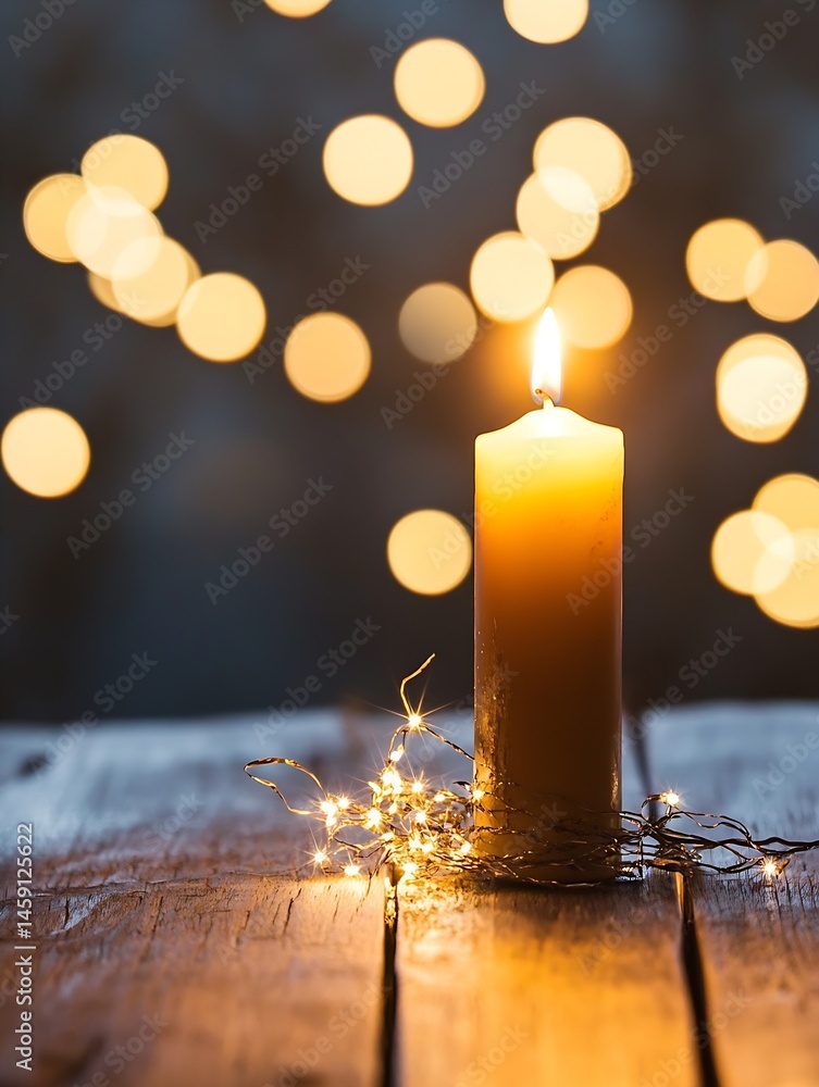 Poster a lit candle sits on a rustic wooden table, illuminated by warm, blurry bokeh lights in the backgrou