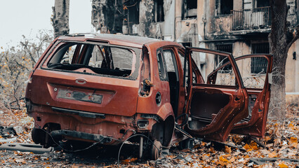 ruined street and destroyed houses in Ukraine
