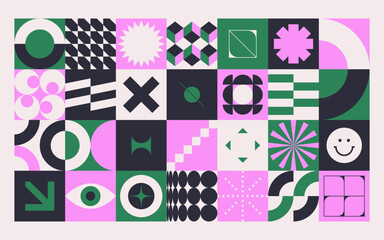 Geometric abstract shapes. Bauhaus geometry pattern minimal modern primitive geometric forms, simple geometrical brutalism swiss art elements. Vector set
