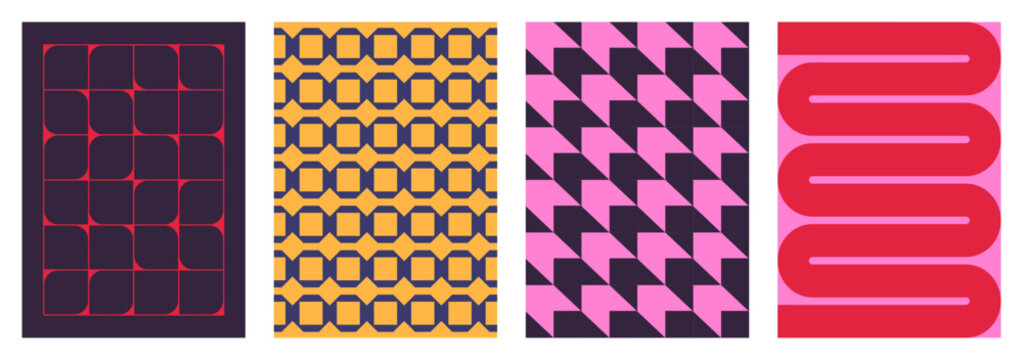 Geometric minimal posters. Abstract geometry backgrounds with modern simple shapes and forms, contemporary art print swiss bauhaus style. Vector geometric background set