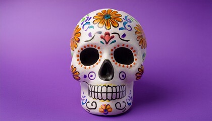 sugar skull for the day of the dead on a minimalistic purple background mexican culture