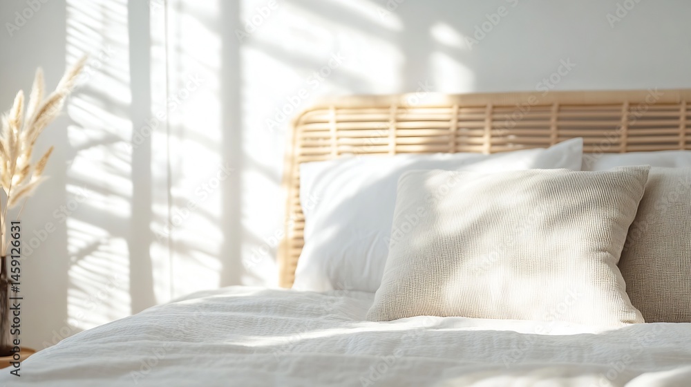 Aufkleber Sunlight streams through blinds onto a neatly made bed with beige pillows and a light wood headboard, creating a serene and minimalist bedroom scene. : Generative AI