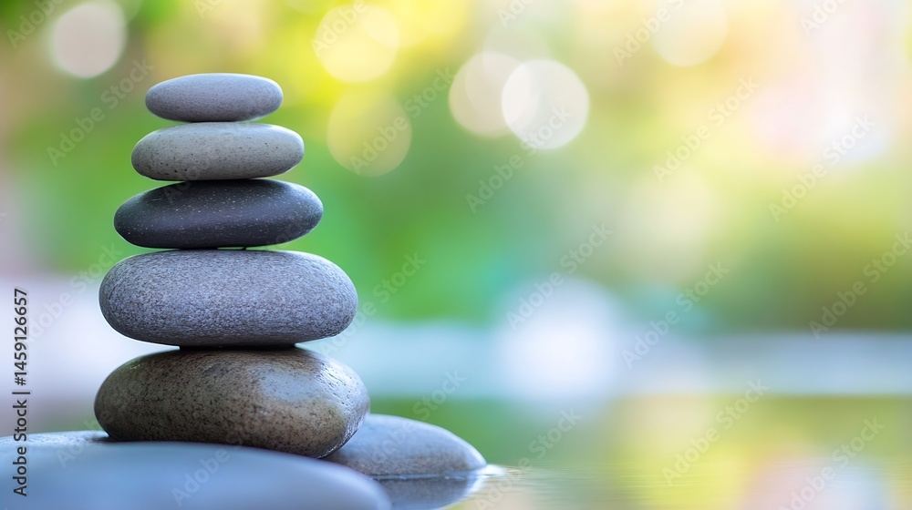 Aufkleber serene stack of smooth stones near calm water, a peaceful zen garden scene with soft green bokeh bac