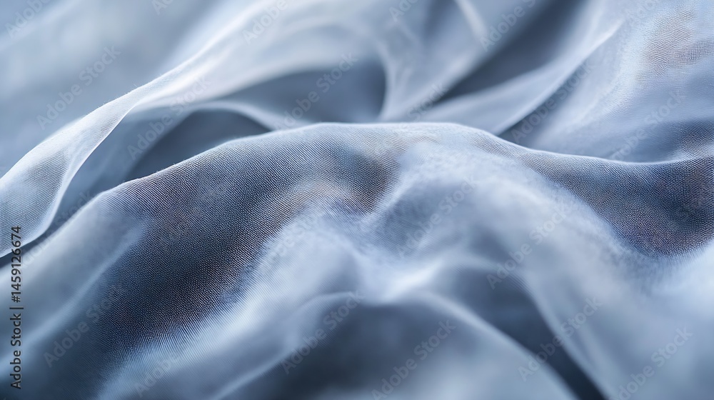Fototapete Close-up view of draped light blue fabric, showcasing its delicate texture and soft folds. The subtle sheen and translucent quality create a luxurious and elegant feel, ideal for fashi : Generative AI