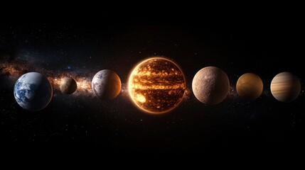 Solar system planets aligned with fiery sun in cosmic space Red Planet Day