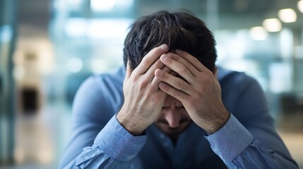 A stressed businessman sits with his hands covering his face, showing signs of anxiety and worry in a modern office setting. : Generative AI