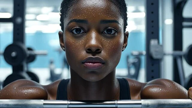 Determined female athlete lifting weights in a modern gym