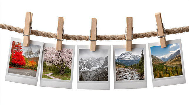 A row of five Polaroid frames pinned to a rope with clothespins, evoking simplicity and the anticipation of cherished memories, isolated on a White background.