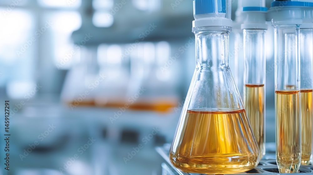 Poster Close-up view of amber liquid in an erlenmeyer flask and test tubes, situated in a modern laboratory setting.  The background is softly blurred, emphasizing the scientific glassware. : Generative AI