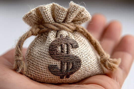 Close-up of a small cloth bag with a dollar symbol resting on an open palm, set against white background. 40k,
