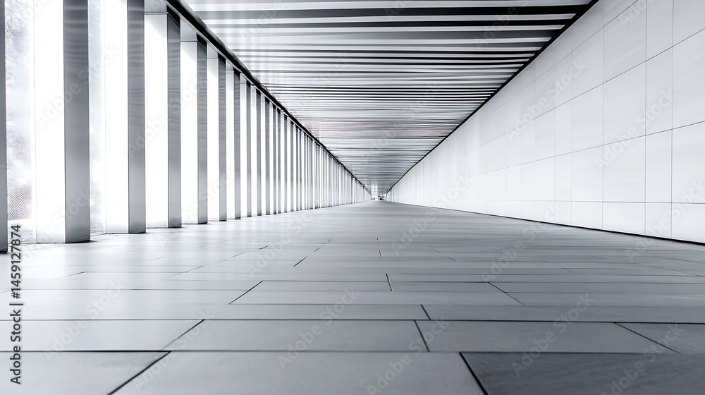 Poster modern architecture hallway with sleek metal pillars and striped ceiling, creating a long perspectiv