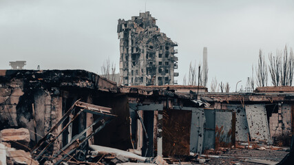 ruined street and destroyed houses in Ukraine