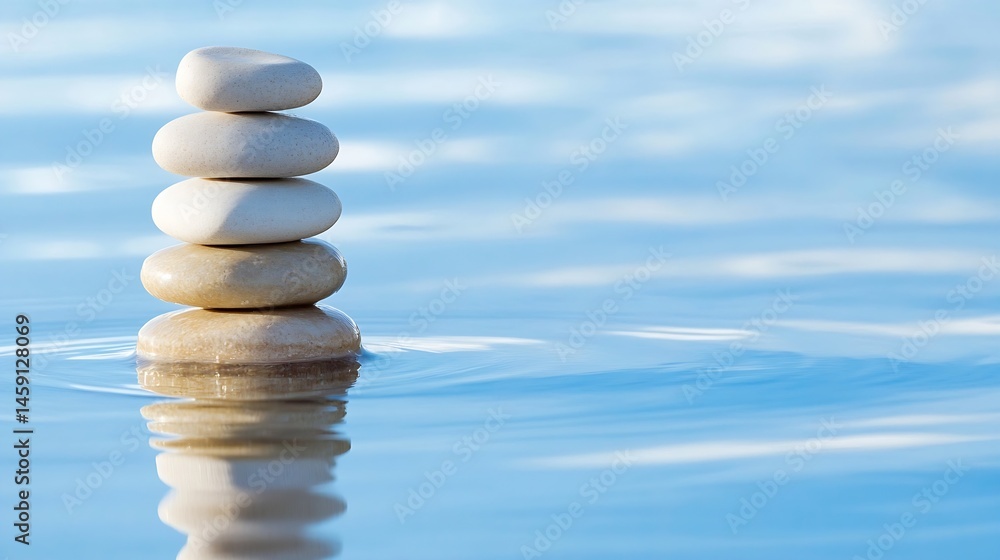 Poster serene stack of smooth, light-colored stones floating gently on calm blue water, reflecting tranquil