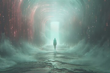 Obraz premium Surreal scene of a figure walking through swirling waters and light.