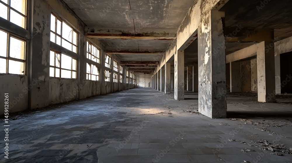 Poster long, abandoned factory hallway with broken windows and decaying concrete pillars, sunlight streamin