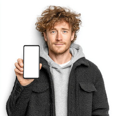 Photo of a young 22-year-old American boy holding a large smartphone with a blank white screen, pointing at it, isolated on a white background. 