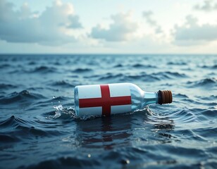 Message in a Bottle Floating in Ocean with Cross Flag