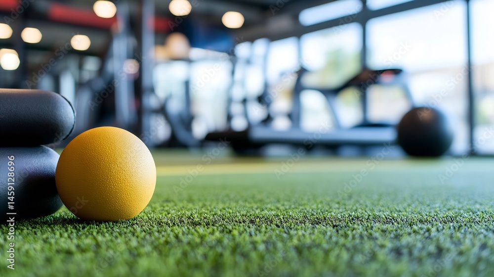 Aufkleber close-up of a yellow fitness ball resting on artificial turf in a modern gym, with blurred backgroun