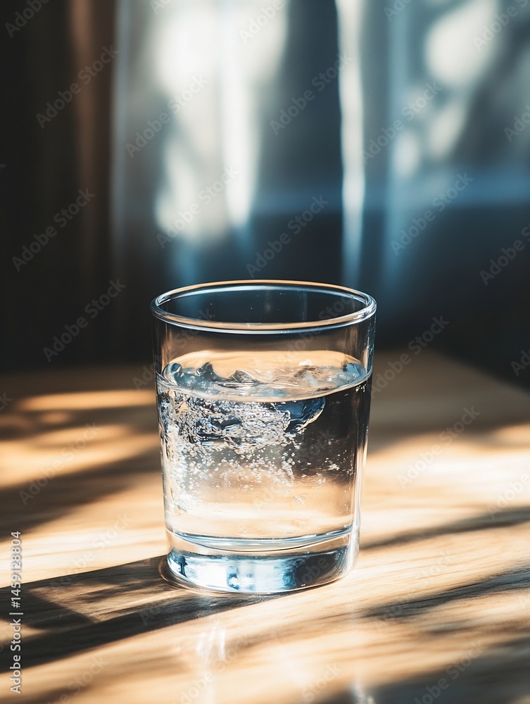 Aufkleber a glass of sparkling water sits on a light wood table, illuminated by sunlight streaming through a s