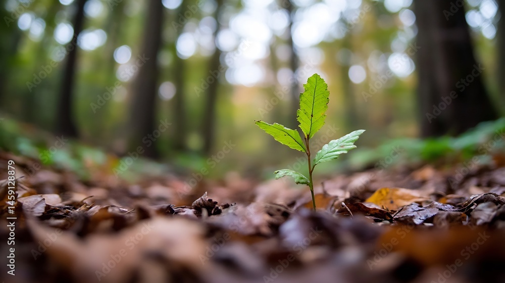 Aufkleber a single, vibrant green sapling emerges from a bed of fallen autumn leaves, in a softly blurred fore
