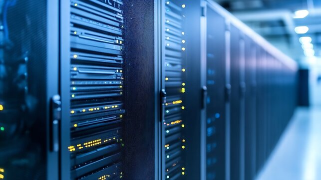 Close-up view of a server rack in a modern data center, showcasing rows of network equipment with illuminated indicator lights, suggesting high-tech infrastructure and digital technolo : Generative AI