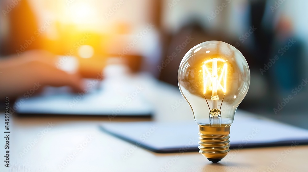 Aufkleber A glowing light bulb sits on a desk, symbolizing innovation and bright ideas, with a blurred background of a person working. : Generative AI