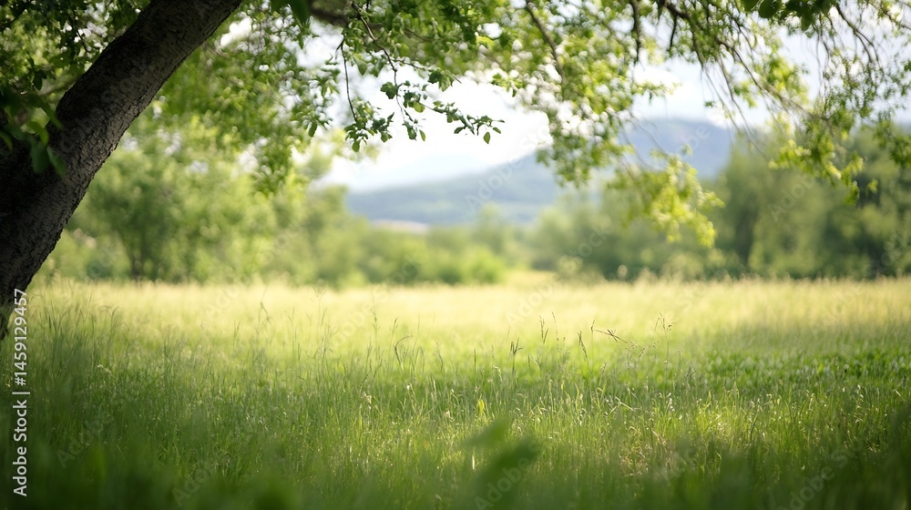 Poster serene summer landscape featuring a tree's branches framing a sunlit meadow and distant hills, creat