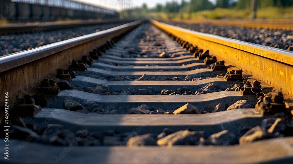 Poster close-up view of railway tracks at sunset, showing the rusty metal rails, gravel ballast, and sleepe