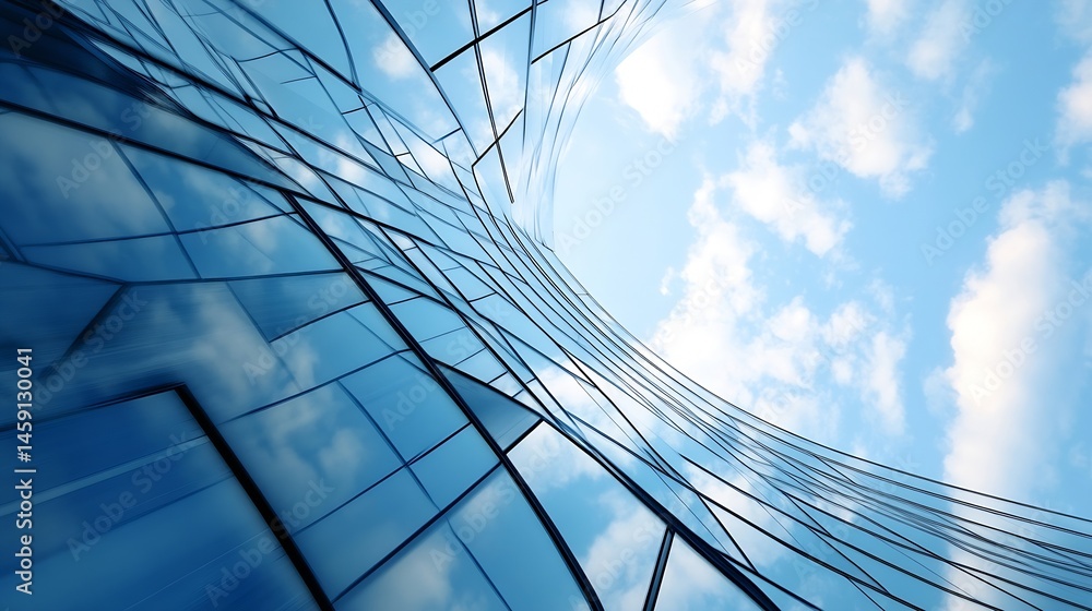Aufkleber Modern glass skyscraper facade reflecting blue sky and clouds; architectural detail of a curved building exterior with geometric patterns. : Generative AI
