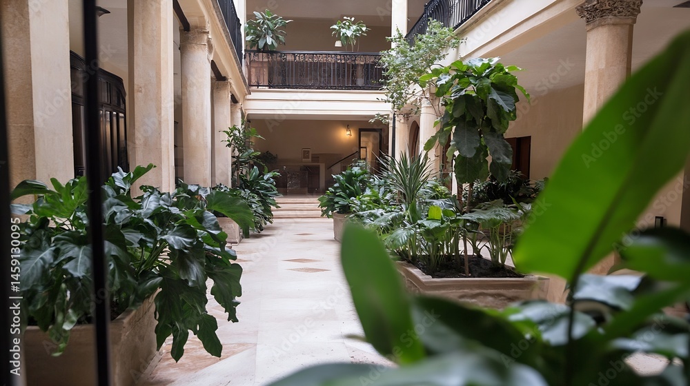 Poster A tranquil courtyard garden with lush greenery, stone columns, and a second-story balcony, creating a serene and peaceful atmosphere. : Generative AI