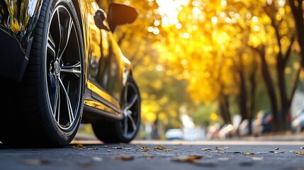 Close-up of a black car's tire and wheel, parked on an autumnal street with blurred golden foliage in the background, showcasing the vehicle's sleek design and the season's vibrant col : Generative AI