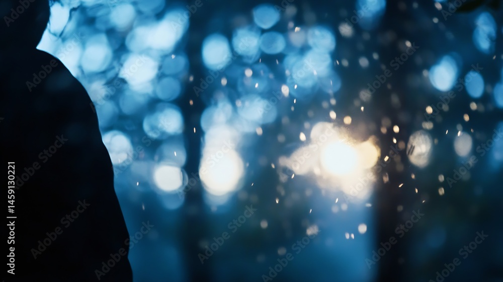 Poster silhouette of a person standing in a bokeh forest, illuminated by warm light, with particles of snow