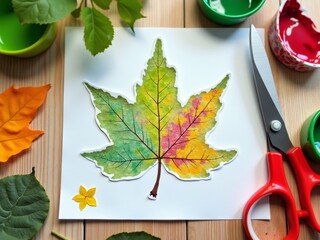 A colorful autumn leaf craft on a white surface with various crafting tools around itLeaf Crafting Tools KitPaper