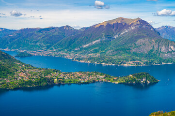Panorama of Lake Como photographed from Ortanella, showing Bellagio, Balbianello, the Lecco and Como shores of the lake and the mountains above.
