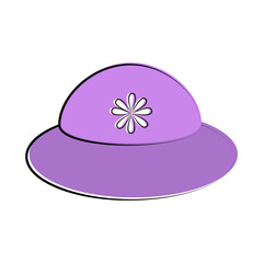 Elegant purple hat with flower accent and wide brim.