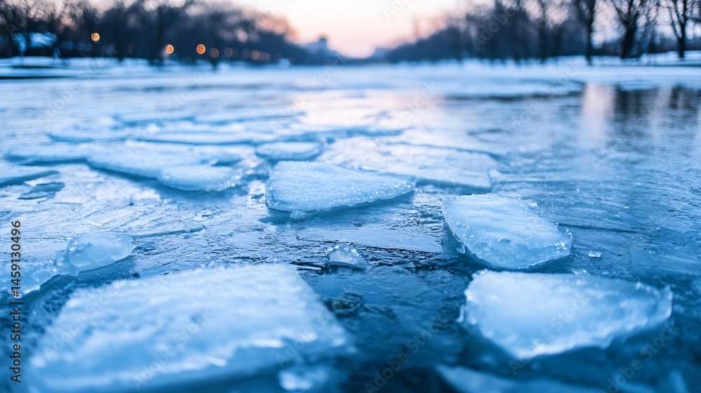 Aufkleber close-up view of ice floes floating on a dark blue river, with a blurred background of trees and cit
