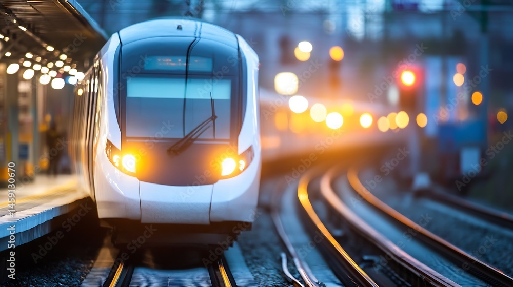 Poster modern high-speed train arriving at a station platform at dusk, illuminated by warm lights, showcasi
