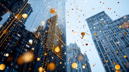 Golden particles falling among skyscrapers urban cityscape digital art daytime abstract concept