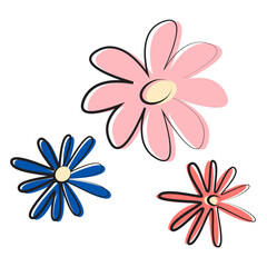 Three colorful daisy-style flowers with varied petal shapes.