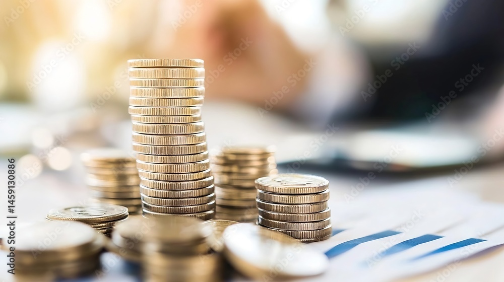 Poster close-up of several stacks of shiny coins on a financial report, suggesting growth and financial suc