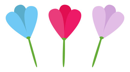 Trio of multicolor heart-petal flowers with long stems.