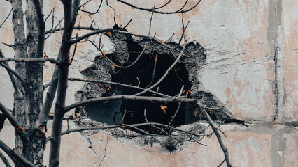 ruined street and destroyed houses in Ukraine