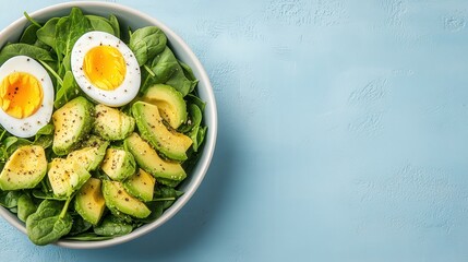 A bowl of fresh spinach, sliced avocado, and a soft-boiled egg on a light blue background.