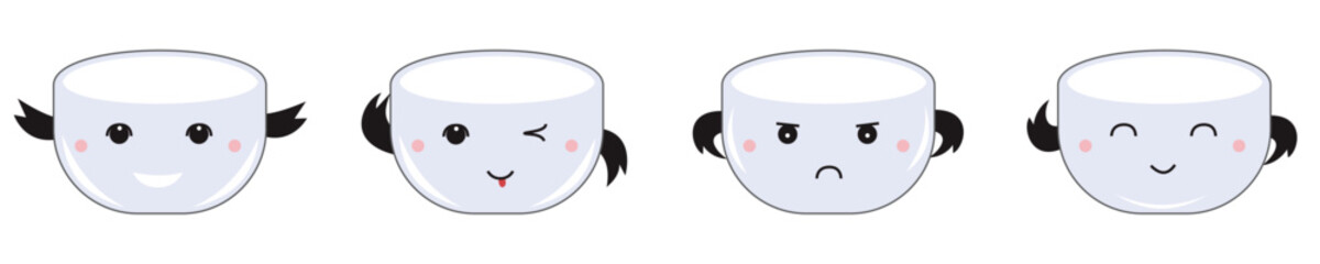 Four cartoon cups with expressive kawaii faces.