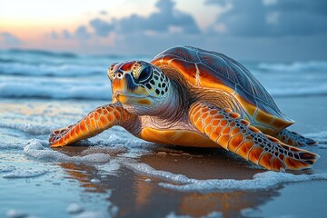 Fototapeta premium Turtle Crawling on the Sand in its Natural Habitat